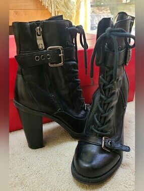 Guess ByMarciano Black Women's Lace-Up Leather Heeled Ankle Boots 7.5